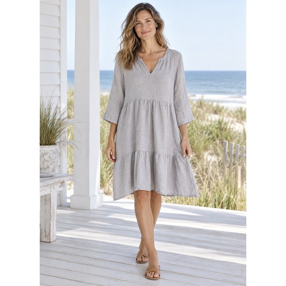 Francesca Bettini Italy 100% Linen Dress L Light Gray Tiered Cottagecore Coastal